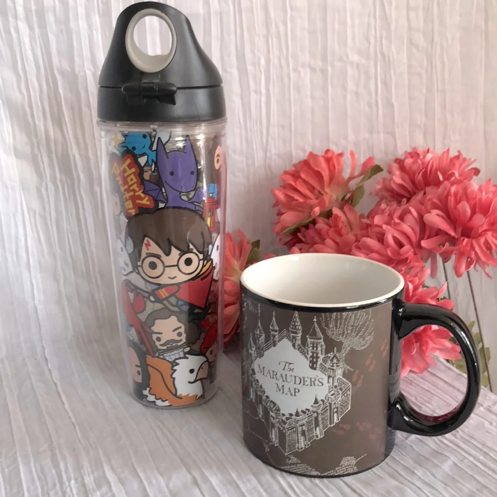HARRY POTTER lot 2 tall travel water drink bottle & XL soup coffee ceramic mug